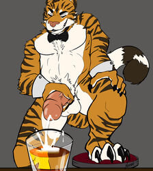 anthro balls beverage bow_tie cum cumshot ejaculation feline humanoid_penis karnal male male_only mammal masturbation mostly_nude orgasm pantherine penile_masturbation penis pubes smile solo tiger vein yeenr