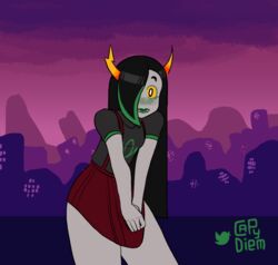 1girls animated black_hair bronya_ursama capy_diem clothing embarrassed fangs friendsim green_highlights green_lips grey_skin hips hiveswap horns hourglass_figure long_hair ms_paint_adventures pubic_hair pussy skirt skirt_lift solo troll yellow_eyes