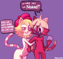 2019 beleth_(floraverse) blonde_hair duo feline feline female flat_chested floraverse fur hair hat mammal pussy red_beleth_(floraverse) red_fur redmatzoo speech_bubble white_beleth_(floraverse) white_fur