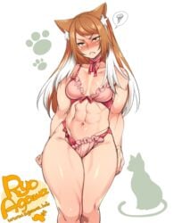 abs blushing blushing_at_viewer breasts cat cat_ears catgirl ear_tuft fang female light_skinned_female lingerie long_hair medium_breasts muscular muscular_female orange_eyes orange_hair pawprint pouting ribbon_choker ryo_agawa tears thick_thighs white_hair white_hair_stripe