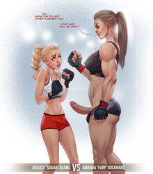 2futas amanda_rockhard ass athletic_wear blonde_hair braid brown_hair bulge clothed dickgirl english_text erection foreskin futa_with_futa futadom futadom_caption futanari height_difference highres intersex jessica_adams large_penis light-skinned_futanari light_skin muscular_futanari penis ponytail rino99 shorts standing tank_top text threatening uncut