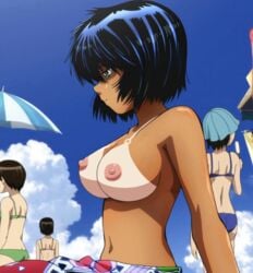 4girls areola areolae beach big_breasts black_hair breasts breasts_out dark-skinned_female dark_skin edit edited erect_nipple erect_nipples female female_only green_eyes human large_breasts multiple_girls nazo_no_kanojo_x nipples public public_nudity skirt sodawipe tan tan_lines tan_skin tanline tanlines topless urabe_mikoto