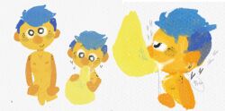 1boy age_difference bedroom_eyes black_eyes blue_hair blush cum cum_in_mouth don't_hug_me_i'm_scared duo ejaculation father father_and_son freckles half-closed_eyes heart incest incest_(lore) looking_pleasured male male_only nipples oral oral_sex precum pubes puppet roy_(dhmis) simple_coloring simple_drawing size_difference smile sweatdrop tongue_out yellow_body yellow_guy_(dhmis)