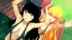 2girls beach_ball bikini bikini_bottom bikini_top black_hair black_hair_female blake_belladonna blonde_female blonde_hair canon_couple logang45 long_hair long_hair_female purple_eyes rwby string_bikini swimsuit yang_xiao_long yellow_eyes