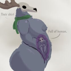 anterior_nasal_aperture anthro antlers areola belly bodily_fluids breasts curled_up female fetal_pose hi_res hips_back horn human_to_anthro implied_unbirth internal lactating male mostly_nude mostly_nude_female neck_tuft nipples shamelessgrimoire side_view solo species_transformation text transformation transformation_through_vore tuft vore vore_implied