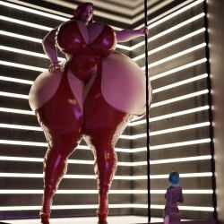 giantess dinner-kun scarlet_(dinner-kun) rae_(dinner-kun) stripper_pole stripper red_hair red_suit looking_at_another looking_down looking_up looking_at_each_other looking_down_at_another looking_up_at_another larger_female smaller_female 2girls