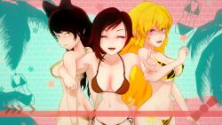3girls bikini bikini_bottom bikini_top blake_belladonna half-dressed half_naked half_naked_female logang45 long_hair long_hair_female purple_eyes ruby_rose rwby silver_eyes yang_xiao_long yellow_eyes