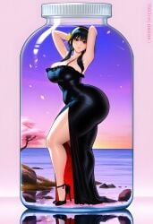 yor_briar yor_forger spy_x_family light-skinned_female light_skin 1girls 1girl solo solo_female female_only curvy curvy_figure curvaceous curvy_female curvy_body curvaceous_figure curvaceous_female voluptuous voluptuous_female long_hair black_hair red_eyes hi_res highres ai_generated ai-created stable_diffusion dreamcoreart teasing teasing_viewer huge_breasts huge_ass large_breasts venus_body slender_waist busty jar black_dress