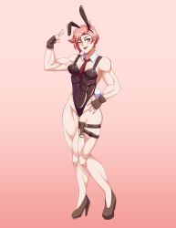 1girls 2026 2d 2d_(artwork) blush blush_lines brown_eyes buff bunny_ears bunnysuit fanganronpa female female_only grimwall_ingrid ingrid_grimwall muscular muscular_female necktie only_female pink_background pink_hair project:_eden's_garden questionable simple_background solo solo_female standing tie tomboy wink winking_at_viewer