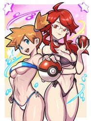 2girls ahoge bikini black_bikini blue_eyes border breasts cleavage clothing_request cowboy_shot elite_four female female_focus female_only glasses gym_leader highres holding kasumi_(pokemon) long_hair looking_at_viewer lorelei_(pokemon) lorelei_(pokemon_lgpe) medium_breasts misty_(pokemon_lgpe) multiple_girls navel nintendo open_mouth orange_hair patreon_username poke_ball pokemon pokemon_lgpe pokemon_origins ponytail red_eyes red_hair redjet revealing_clothes short_hair side_ponytail sidelocks smile swimsuit underboob white_border