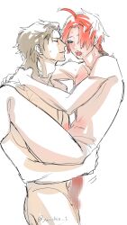 2boys abuto age_difference ahoge anal anal_sex blush braid braided_hair brown_hair completely_nude gay gintama kamui_(gintama) long-haired_male long_hair male male_only mosaic_censoring mullet nude orange_hair sweat yaoi yu_chio_1