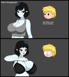 adventure_time black_bra black_hair blonde_hair bloody_nose boobs_bigger_than_head bra cleavage fang fangs finn_the_human hidden_buxom huge_breasts large_breasts light-skinned_male lingerie marceline marceline_abadeer meme meme_reference mob_face nosebleed pale_skin pointy_ears short_hair shoulder_length_hair tank_top tank_top_lift teasing tongue_out vampire vampire_fangs vampire_girl wide_eyed xml_xrossover_(artist) your_bra_strap_is_showing_(meme)