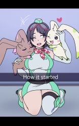 1girls 2boys 2boys1girl black_hair commission cute digimon digimon_(species) digimon_frontier digimon_story digimon_story:_time_stranger digimon_tamers female female_focus happy heels high_heels innocent kanan_yuki kneeling lopmon scuttlefish short_hair sitting smile smiling sunglasses sunglasses_on_head terriermon text text_box text_bubble thick thick_thighs thighhighs thighs