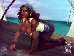 1girls 2016 all_fours ass bare_shoulders bent_over big_breasts black_hair boots breasts brown_skin choker cleaning cleavage dark-skinned_female dark_skin dragon_age dragon_age_2 earrings female_only gloves hanging_breasts heart human isabela isabela_(dragon_age) jewelry lip_piercing looking_at_viewer myks0 ocean orange_eyes outdoors pants piercing ship shirt text thigh_boots tight_clothing water watermark wide_hips yellow_eyes