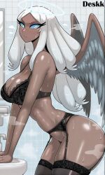 1girls ai_generated angel angel_wings artist_name bathroom bra bra_lift dark-skinned_female dark_skin deskk eyeshadow feathered_wings female garter_straps halo hazbin_hotel hi_res high_resolution lace long_hair looking_at_viewer low-angle_view nails practically_nude sera_(hazbin_hotel) serious serious_face serious_look solo steam steaming_body stockings sweat tan tanlines transparent_clothing vivienne_medrano white_hair white_wings wide_smile wings