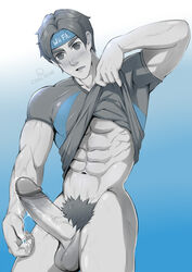 1boy abs blush cooljeng erection grey_eyes grey_hair headband looking_at_viewer male male_only muscles original_character penis precum sportswear standing testicles tight_clothing wii_fit wii_fit_trainer wii_fit_trainer_(male)