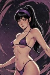 ai_generated ai_generated_image black_hair black_hair_female dark_purple_background hawkeye hawkeye_(series) hourglass_figured_female kate_bishop marvel marvel_comics ponytail purple_bikini purple_bikini_bottom purple_bikini_top purple_hairband self_upload string_bikini string_panties swimwear