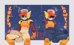 2boys balls big_penis brawl_stars brothers cat_ears cop genital_fluids genitals hi_res hung_femboy large_penis larry_(brawl_stars) lawrie_(brawl_stars) male male_only penis pochiiwa precum precum_drip presenting presenting_penis robot robot_boy simple_background supercell text twins