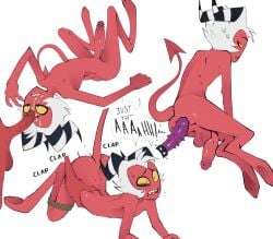 big_penis cum cum_on_face demon dialogue dildo dildo_in_ass dork_nokia gay gay_sex helluva_boss horns imp long_penis moxxie_(helluva_boss) red_skin rope skinny white_hair