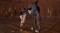 1girls 3d 3d_(artwork) anthro ass big_ass big_breasts blue_hair breasts candace_(genshin_impact) captured chains dark-skinned_male duo female genshin_impact male mitachurl monster monster_cock penis