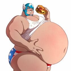 dkmate captain_america marvel captain_america_(series) big_belly huge_belly gut belly huge_gut big_gut belly_bigger_than_head 1boy male male_only solo solo_male belly_focus shirt_up american_flag_underwear briefs cleavage male_cleavage moobs busty belly_button holding_belly soft_belly burger hamburger cheeseburger