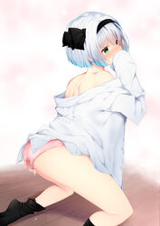 ass bangs bare_shoulders black_hairband black_legwear black_ribbon blush commentary_request eyebrows_visible_through_hair feet_out_of_frame female green_eyes hair_between_eyes hair_ribbon hairband hand_up highres kneeling nigo_(aozoragarou) no_shoes nose_blush off_shoulder panties pink_panties pussy_juice pussy_juice_drip_through_clothes ribbon shadow shirt short_hair silver_hair sleeves_past_fingers sleeves_past_wrists solo steam thighs touhou underwear white_shirt wooden_floor youmu_konpaku