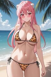 1girl ahoge ai_generated animal_print ass_visible_through_thighs bare_arms bare_shoulders beach bikini black_trim blue_sky blush breasts bright_pupils brown_bikini cameltoe cleavage closed_mouth cloud collarbone cowboy_shot day elfen_lied female groin hair_between_eyes halterneck horizon horns large_breasts leopard_print long_hair looking_at_viewer lucy_(elfen_lied) navel ocean outdoors palm_leaf palm_tree pink_hair pixiv print_bikini red_eyes rena_aikawa_(pixiv_user) sand side-tie_bikini_bottom sideboob sidelocks skindentation sky smile solo stable_diffusion standing stomach strap_gap string_bikini swimsuit thighs tree underboob very_long_hair water white_horns