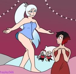 2girls black_hair black_hair_female blue_eyes blush charlie_morningstar_(hazbin_hotel) dolls half-dressed half_naked half_naked_female hayley566 hazbin_hotel long_hair long_hair_female red_highlights ruby_rose rwby silver_eyes vaggie_(hazbin_hotel) weiss_schnee white_hair white_hair_female