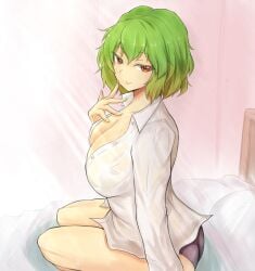 1girl 1girls after after_sex arm_support bare_legs bare_thighs bed bed_sheet bedroom big_breasts black_panties blouse butt cleavage collarbone collared_shirt colored_eyelashes from_side green_eyelashes green_hair hair_between_eyes kazami_yuuka large_breasts looking_at_viewer looking_sideways morning no_bra no_pants no_skirt on_bed open_clothing open_mouth open_shirt panties pillow red_eyes see-through see-through_clothes see-through_clothing see-through_shirt seiza shirt short_hair side_view sitting sitting_on_bed sole_female solo solo_female solo_focus sweat sweatdrop sweating sweaty sweaty_body thighs touhou wet wet_body white_shirt youkai yuka_kazami yuuka_kazami