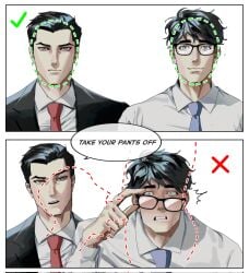 2boys batman batman_(bruce_wayne) batman_(series) biometric_verification black_hair blush color gay glasses imminent_oral lewd_security_verification light_skin looking_at_viewer male male/male male_focus male_only meme rybayezh superbat superman superman_(clark_kent) superman_(series) trend twitter_link verification white_background yaoi