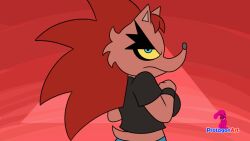 1girls 4_fingers amelia_(protagon) amelia_hedge animated anthro areolae armband artist_logo big_breasts blue_eyes booty_shorts breasts breasts_out clothing devil_horns_(gesture) eulipotyphlan eyelashes female female_only flashing flashing_breasts furry furry_only gif head_tuft hedgehog jiggle jiggling_breasts looking_at_viewer looking_back nipples open_mouth original protagon red_body red_hair red_nipples ripped_clothing ripped_shirt ripping_clothing sharp_teeth sheepish_(series) shirt shorts shortstack solo spiky_hair tongue tongue_out yellow_sclera