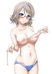 1girls areolae blue_eyes blue_panties blush breasts closed_mouth female glasses grey_hair large_breasts looking_at_viewer love_live! love_live!_sunshine!! measuring_tape miel_(lessontome) navel panties red_frame_glasses short_hair smile solo topless underwear_only watanabe_you white_background