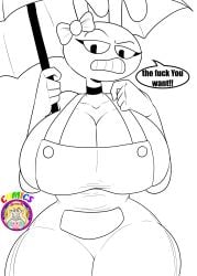 bow female_jax fully_clothed genderswap genderswap_(mtf) irritated jax_(the_amazing_digital_circus) large_breasts large_hips large_thighs looking_at_viewer overalls rule_63 simple_background sketch small_waist tagme text text_bubble the_amazing_digital_circus umbrella zaicomaster14