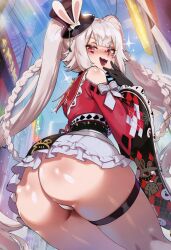 ai_generated argyle ass ass_focus back bell black_bunny_ears black_gloves bunny_ears checkered_dress cleavage detached_sleeves diamond_print female frilled_skirt from_below hair_bell hair_ornament hat_ribbon honkai:_star_rail huge_ass jester_cap layered_skirt long_braids looking_back mini_top_hat multicolored_dress naticai panties panty_shot plaid red_dress red_eyes ruffles sitting solo sparxie_(honkai:_star_rail) thick_thighs thigh_strap thighhighs twintails upskirt very_long_hair view white_hair white_panties wide_hips