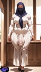 1futa ai_generated big_balls big_breasts big_penis bulge_through_clothing flaccid flaccid_penis futanari hijab large_penis muscular penis_bulge saggy_balls