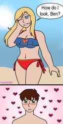 1boy 1girls beach ben_10 ben_tennyson bikini bikini_bottom bikini_top blonde_female blonde_hair blue_eyes blush brown_hair crossover crossover_couple crossover_pairing crossover_ship crossover_shipping dc_comics green_eyes half-dressed half_naked half_naked_female half_naked_male hayley566 kara_danvers kara_zor-el long_hair long_hair_female pose posing supergirl