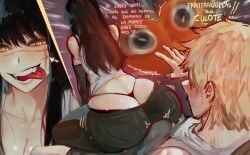 1boy 1girls 2d 2d_(artwork) ass big_ass black_hair blonde_hair breasts chainsaw_man chinvin18 cleavage denji_(chainsaw_man) english_text erection huge_ass lap_dance large_breasts long_hair panties sitting_on_person spanish_text sweat thong tongue tongue_out translation_request underwear yoru_(chainsaw_man)