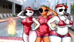 3girls amy_(chetoh) bald bald_female belly belly_button bikini_top black_eyes breasts chetoh chocolate_ice_cream chubby chubby_female claire_(chetoh) egg female female_focus female_only fire hat holding_hat ice_cream leaf leaf_hair licking_ice_cream lifeguard lifeguard_swimsuit looking_at_viewer mandy_(chetoh) oc orange orange_body original original_character original_characters photo_background pool salute smile smiling smiling_at_viewer swimsuit text text_on_clothing tongue tongue_out white_body white_text wink winking winking_at_viewer