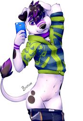 anthro bastion canine canine cellphone clothing collar cuntboy fur hoodie intersex littleorion mammal multi_nipple navel nipples phone purple_fur pussy simple_background standing teenager white_background white_fur young