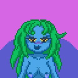 abstract_background alien alien_girl bare_shoulders blue_nipples blue_skin blush breasts drdood eyelashes female front_view green_hair half-closed_eyes hanging_breasts lactation leaking long_hair looking_at_viewer open_mouth pixel_art queen_mieme shared_memories simple_background smile solo topless unusual_lactation yellow_sclera