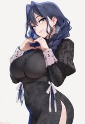 1girls bangs big_breasts black_dress blue_eyes blush braid breasts closed_mouth covered_navel eyebrows_visible_through_hair female female_only hair_intakes heart heart_hands hololive hololive_english huge_breasts kguy1920 large_breasts long_hair long_sleeves looking_at_viewer ouro_kronii ouro_kronii_(maid) smile solo striped tagme thick_thighs thighs virtual_youtuber