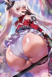 ai_generated argyle ass ass_focus back bell black_bunny_ears black_gloves bunny_ears checkered_dress cleavage detached_sleeves diamond_print female frilled_skirt from_below hair_bell hair_ornament hat_ribbon honkai:_star_rail huge_ass jester_cap layered_skirt long_braids looking_back mini_top_hat multicolored_dress naticai panties panty_shot plaid red_dress red_eyes ruffles sitting solo sparxie_(honkai:_star_rail) thick_thighs thigh_strap thighhighs twintails upskirt very_long_hair view white_hair white_panties wide_hips