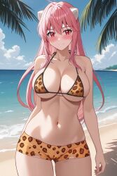 1girl ahoge ai_generated animal_print bare_arms bare_shoulders beach bikini bikini_shorts black_trim blue_sky blush boyshorts breasts bright_pupils brown_bikini cleavage closed_mouth cloud collarbone cowboy_shot day elfen_lied female hair_between_eyes halterneck horizon horns large_breasts leopard_print long_hair looking_at_viewer lucy_(elfen_lied) micro_shorts navel ocean outdoors palm_leaf palm_tree pink_hair pixiv print_bikini red_eyes rena_aikawa_(pixiv_user) short_shorts shorts sideboob sidelocks skindentation sky smile solo stable_diffusion standing stomach strap_gap string_bikini swimsuit thighs torn_clothes torn_shorts tree underboob very_long_hair water white_horns