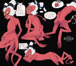 1boy balls cum demon dialogue dork_nokia helluva_boss horn horns imp moxxie_(helluva_boss) naked naked_male penis posing red_penis red_skin tail