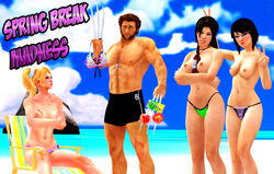 1boy 3d 3girls areolae beach bikini black_hair blonde_hair breasts brown_hair female glasses hand_on_breast juliet_starling lara_croft lara_croft_(survivor) lollipop_chainsaw looking_at_partner looking_at_viewer marvel marvel_comics nipples panties samantha_nishimura sitting stolen_bikini stolen_swimsuit tomb_raider tongue_out wolverine_(x-men) x-men xpsfm