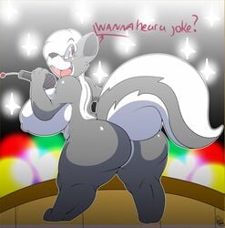 2019 anthro ass big_breasts big_butt breasts female fur grey_fur hair hasbro kingbeast littlest_pet_shop mammal mephitid microphone nude open_mouth pepper_clark skunk solo white_fur white_hair