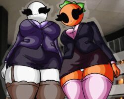 2girls :3 bald_female breasts chetoh claire_(chetoh) clothed clothed_female egg female female_focus female_only hands_on_sides leaf leaf_hair looking_down looking_down_at_viewer mandy_(chetoh) oc office_clothing orange orange_body original original_character panties photo_background shirt skirt smile smiling smiling_at_viewer stockings upskirt upskirt_view viewer_pov white_body white_panties