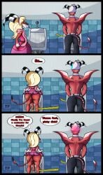 ass background_character bathroom bathroom_control big_cock big_penis blitzo_(helluva_boss) booty butt_cheeks crossdressing crossdressing_female crossdressing_male drag_queen helluva_boss huge_cock imp implied_small_penis peeing peeing_in_urinal peeing_together terrys_place urinal urinating urinating_male urination