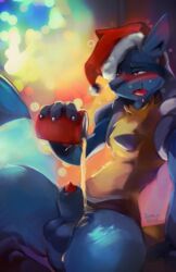 2018 alcohol animal_genitalia animal_penis anthro balls beer beverage black_fur blue_balls blue_fur blue_sheath blush canine canine_penis christmas claws cup detached_sheath drooling drunk fur hat hi_res holidays lucario male male_only mammal nintendo nude penis penis_tip pokemon pokemon_(species) red_eyes red_penis saliva santa_hat sheath sitting solo spikes supplesee tongue tongue_out video_games yellow_fur