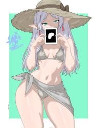 1girls aqua_eyes bikini breasts drawlab33t earrings elf female female_only frieren frieren_beyond_journey's_end green_background hat heart long_hair looking_at_viewer navel outside_border pointy_ears sarong small_breasts solo sousou_no_frieren straw_hat swimsuit white_bikini white_hair